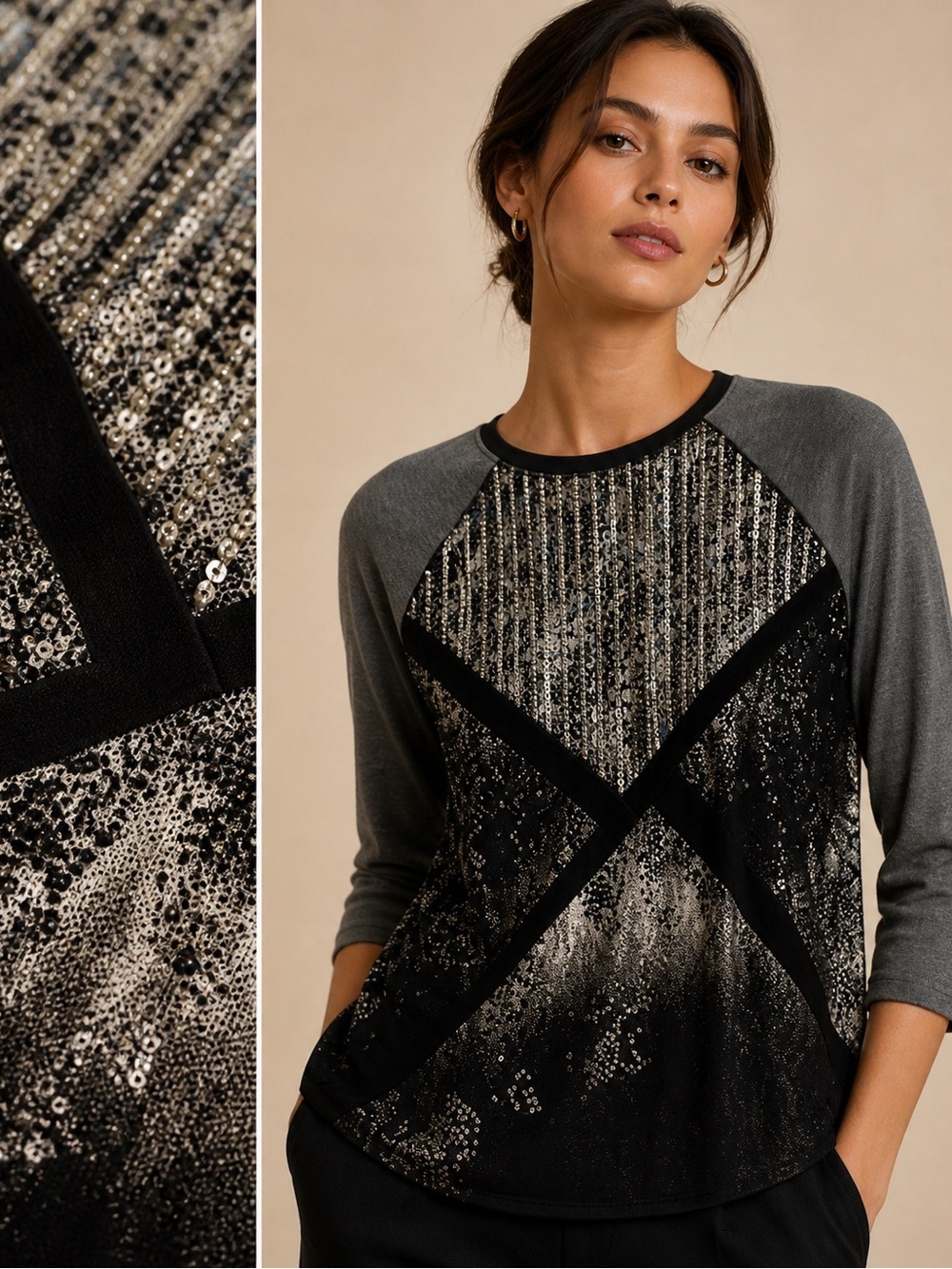 Relativity Black Gray Mixed Media Top Sequin Detail 3/4 Sleeve Trendy PXL Blouse